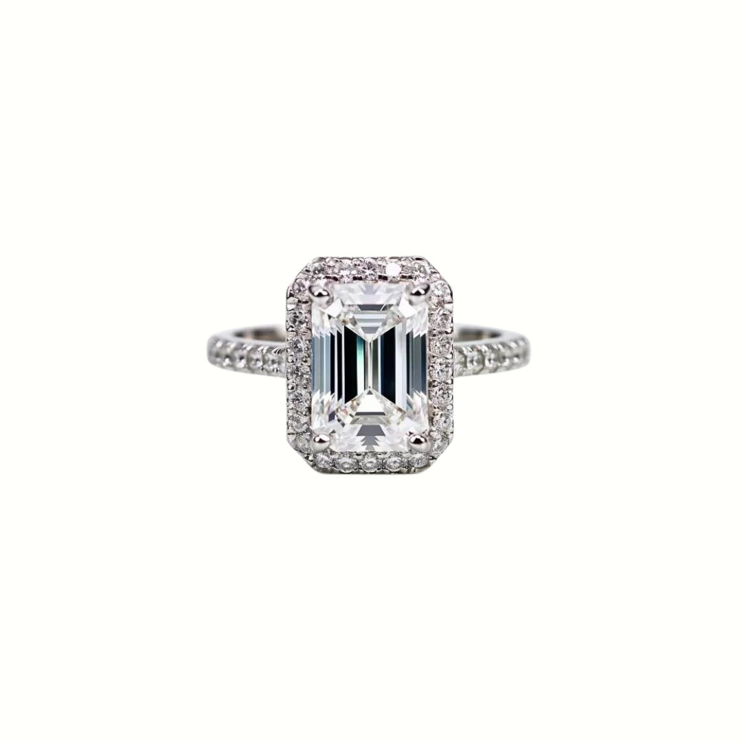 3ct Emerald Cut Moissanite 14k White Gold Halo Ring